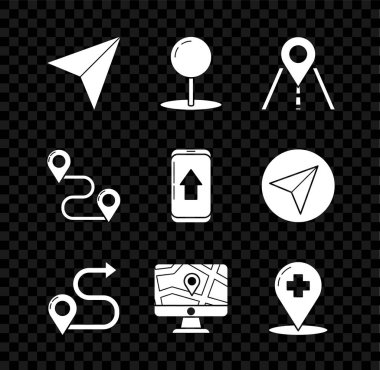 Kağıt uçak, raptiye, trafik işareti, güzergah konumu, monitör ve katlanmış harita, tıbbi işaretçi çapraz hastanesi ve şehir navigasyon simgesinin bilgilerini ayarla. Vektör