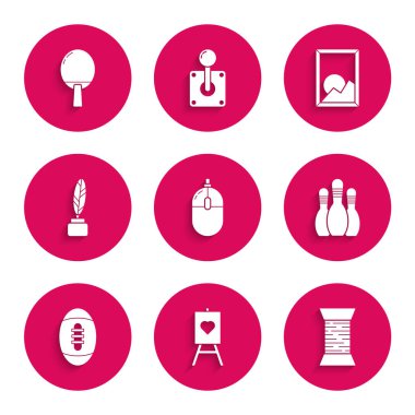 Bilgisayar faresi, dikiş ipliği, bovling pimi, Amerikan futbolu topu, tüy ve mürekkep, tablo tenisi ikonu oynamak için resim manzarası ve raket. Vektör