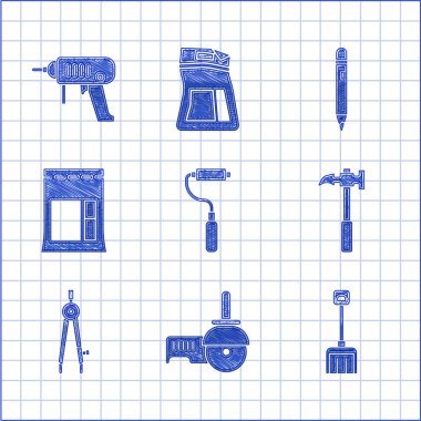 Boya fırçası, açılı öğütücü, kar küreği, çekiç, pusula, çimento torbası silgi ve elektrikli matkap ikonu. Vektör