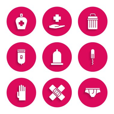 Set prezervatifi, çapraz bandaj sıvası, iç çamaşırı, hijyenik tampon, lastik eldiven, elektrikli saç makası veya traş makinesi, çöp kutusu ve bir şişe sıvı antibakteriyel sabun ikonu. Vektör