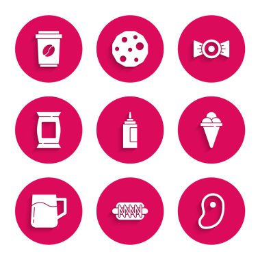 Sos şişesi, Hotdog sandviçi, biftek, waffle külahında dondurma, tahta bira kupası, patates cipsi, şeker ve kahve fincanı. Vektör