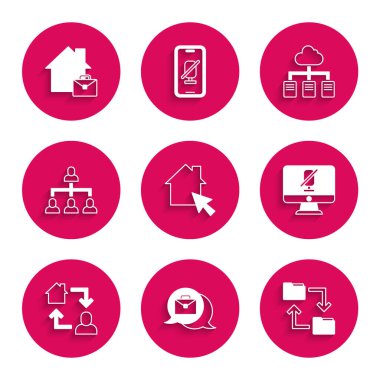 Çevrimiçi çalışmayı ayarla, Cloud depolama belgesi dizini, dilsiz mikrofon bilgisayarda, hiyerarşi organogram şeması ve simge. Vektör