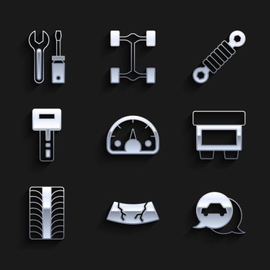 Hız göstergesini, kırık ön camı, araba servisini, sigortayı, tekerleği uzaktan kumandalı anahtarı, şok emiciyi, tornavidayı ve anahtar anahtarı simgesini ayarla. Vektör