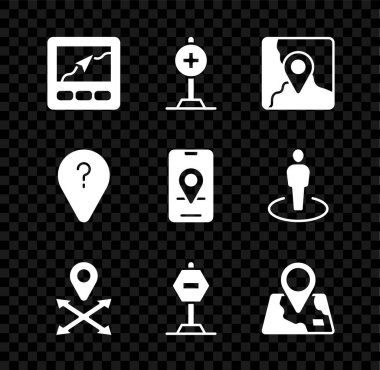 GPS cihazını harita, konum çapraz hastanesi, katlanmış konum işareti, dur işareti, bilinmeyen yol noktası ve şehir yön bulma simgesi ile ayarla. Vektör