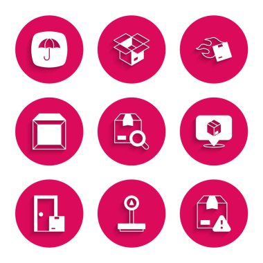 Arama paketini, ölçeklendirmeyi, kalkanlı teslimat güvenliğini, konum karton kutusunu, teslimat hizmetlerini, karton ve şemsiye simgesini ayarlayın. Vektör