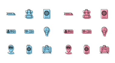 Roma, İtalya 'da Coliseum, Pasaport, Tren, Seyahat ve çıkartmalar için bavul, Seyahat, Sıcak hava balonu, Gemiyle Gezinti ve Yürüyüş sırt çantası ikonu. Vektör