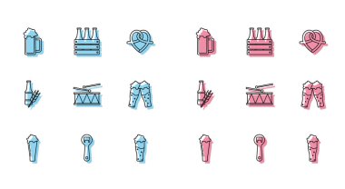 Bardak bira, şişe açacağı, müzik aleti davul ve bagetler, bira şişesi ve paket ikonu. Vektör