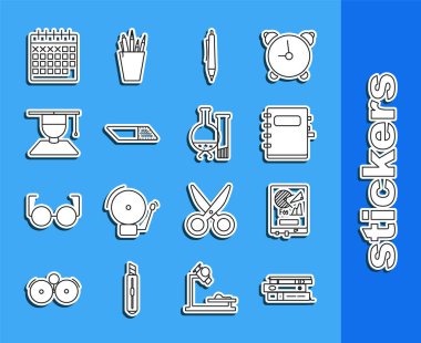 Kağıtları ve belgeleri, tahta grafik çizelgesini, not defterini, kalemini, silgisini ya da lastiğini, mezuniyet şapkasını, takvimini ve test tüpü kimya laboratuvar test ikonunu içeren satır ofis klasörlerini ayarla. Vektör