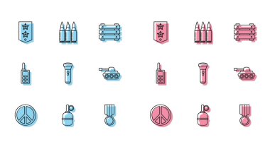 Hat, Barış, El bombası, Chevron, Askeri ödül madalyası, el feneri, tank, telsiz ve kurşun ikonu. Vektör