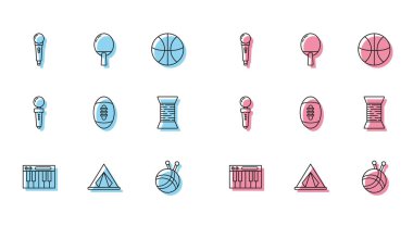Set hattı müzik sentezleyicisi, turist çadırı, mikrofon, örgü iğneli iplik topu, Amerikan futbolu, dikiş ipliği makarası, atari makinesi için Joystick ve masa tenisi ikonu. Vektör