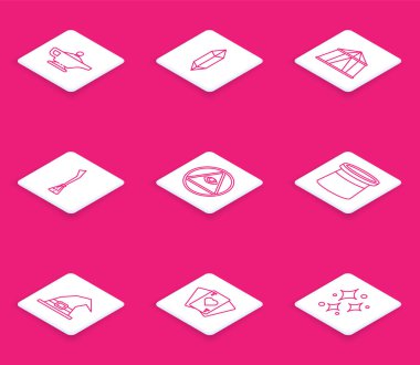 Sihirli lamba ya da Alaaddin, taş, sirk çadırı, cadı süpürgesi, masonlar, sihirbaz şapkası ve iskambil simgesi. Vektör