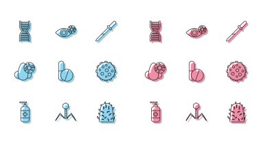 Sıvı antibakteriyel sabun, bakteri bakteriyofajı, DNA sembolü, kuduz virüsü, ilaç hapı ya da tablet, virüs, burun akıntısı ve ikona bağlı kırmızımsı göz. Vektör