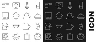 Hat kesme tahtası, ekmek somunu tepsi dolusu yiyecek, pizza bıçağı, şef şapkası, elektronik pullar, kahve hindisi ve kettle sapı ikonu ile kaplı. Vektör