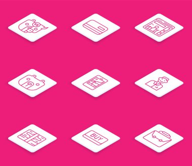 Bull ve Bear borsası, kredi kartı, büyüme grafikli web sitesi, Bear, mobil ticaret, Trader, Stacks kağıt para ve Buy Buton ikonu. Vektör