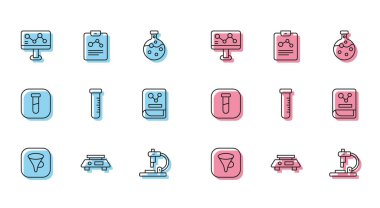 Hat hunisi veya filtresi, elektronik ölçekler, kimyasal formül, mikroskop, test tüpü ve matara, kimya kitabı ve rapor ikonu ayarla. Vektör