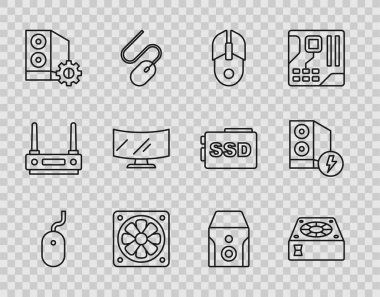 Hat faresi, soğutucu, bilgisayar durumu, monitör ekranı, kesintisiz güç kaynağı ve simgesi ayarlayın. Vektör