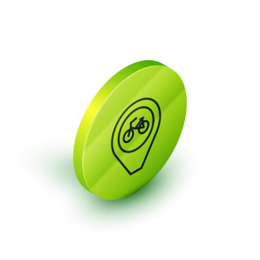 Beyaz arkaplanda izole edilmiş bisiklet simgesi olan Isometric çizgi haritası işaretçisi. Yeşil daire düğmesi. Vektör.