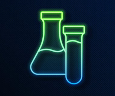 Parlayan neon hattı test tüpü ve mavi arka planda izole edilmiş kimyasal test ikonu. Laboratuvar cam levhası. Vektör
