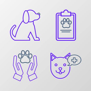 Veterinerlik kliniği sembolü, hayvanların ayak izine sahip eller, pano tıbbi kayıt evcil hayvanı ve köpek ikonu. Vektör