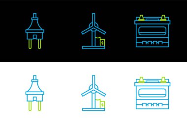 Kablo hattı aküsü, elektrik prizi ve rüzgar türbini ikonu. Vektör