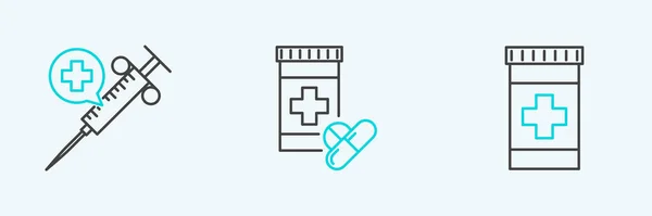Встановіть Лінію Медична Пляшка Медичний Шприц Голкою Піктограмою Таблеток Векторні — стоковий вектор