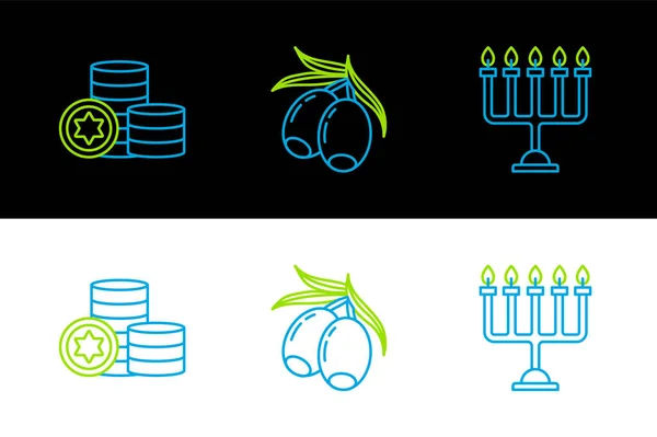 设置线Hanukkah Menorah 犹太硬币和橄榄枝图标 — 图库矢量图片