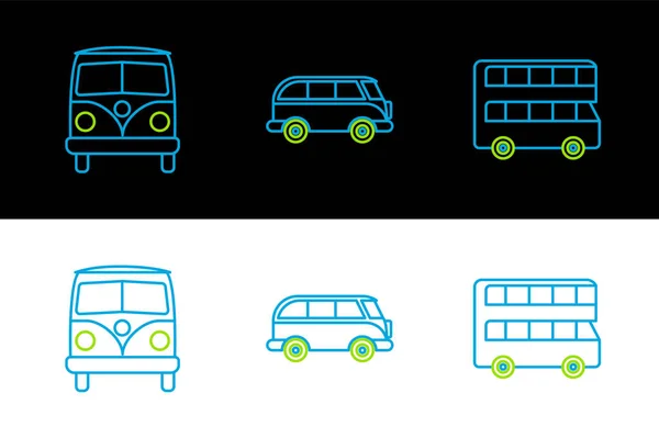 Set Line Double Decker Bus Retro Minivan Icon Vector — Stock Vector