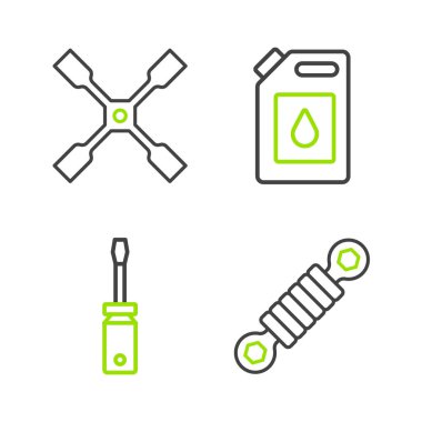 Şok emici, tornavida, motor yağı ve tekerlek anahtarı simgesi için teneke kutu ayarlayın. Vektör