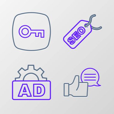 Satır Müşteri Değerlendirme, Reklam, SEO optimizasyonu ve Anahtar simgesini ayarla. Vektör