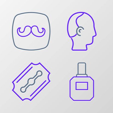 Traş losyonu, jilet, kellik ve berber dükkanı ikonu. Vektör