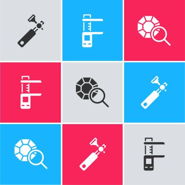 Mücevher lupe, Calliper veya kalibre ve ölçeği ve mücevher taşı simgesini ayarla. Vektör