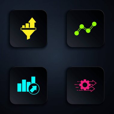 Zaman yönetimini ayarla, grafikli satış hunisi, finansal büyüme ve grafiksel bilgi. Siyah kare düğme. Vektör