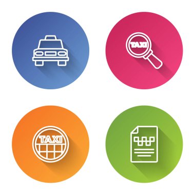 Taksi durağı, büyüteç ve taksi, çatı ve ehliyet. Renkli daire düğmesi. Vektör