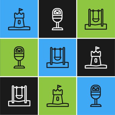 Hat Sand Tower, Swing and Trash konserve ikonu. Vektör