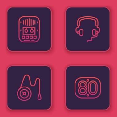 Kaset çalar, Yoyo oyuncakları, kulaklıklar ve 80 'lerin Retro' su. Mavi kare düğme. Vektör