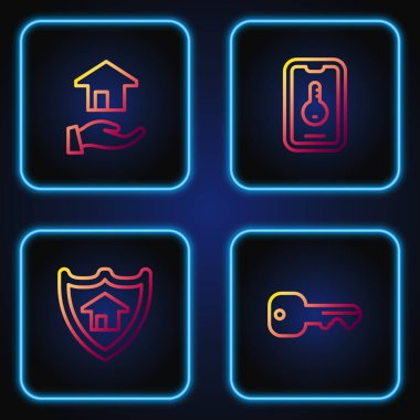 Ev anahtarını rozetli, emlakçı ve online gayrimenkullü ayarla. Renk simgeleri. Vektör