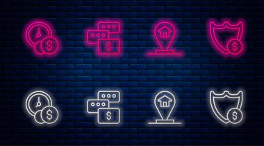 Price pazarlığı, lokasyon evi, zaman para ve dolar ile kalkandır. Tuğla duvarda parlayan neon simgesi. Vektör