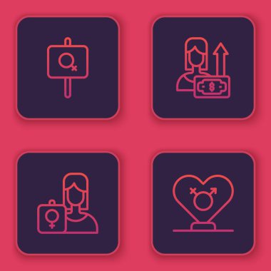 Feminist aktivist, para yetiştiren kadın ve cinsiyet. Mavi kare düğme. Vektör