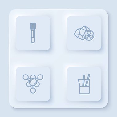 Hat test tüpü, radyoaktif, molekül ve labaratuvar camlarını ayarlayın. Beyaz kare düğme. Vektör