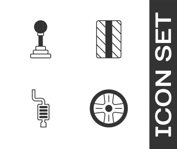 Set Alloy Wheel Gear Shifter Car Muffler Tire Icon Vector — Stock Vector