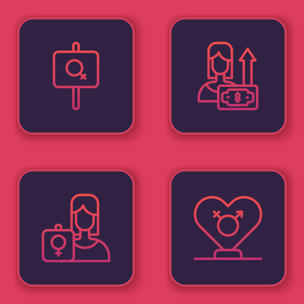 Установить линию феминистка активист, деньги рост женщина и пол. Синяя квадратная кнопка. Вектор