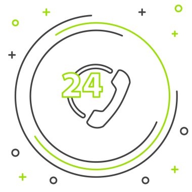 Hat Telefonu, beyaz arkaplanda 24 saatlik destek ikonu izole edildi. Tüm gün müşteri destek merkezi. Tam zamanlı çağrı servisi. Renkli taslak konsepti. Vektör.