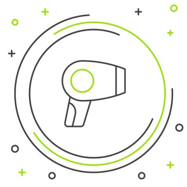 Beyaz arkaplanda çizgi saç kurutma ikonu izole edildi. Saç kurutma makinesi tabelası. Saç kurutma sembolü. Sıcak hava üflüyor. Renkli taslak konsepti. Vektör