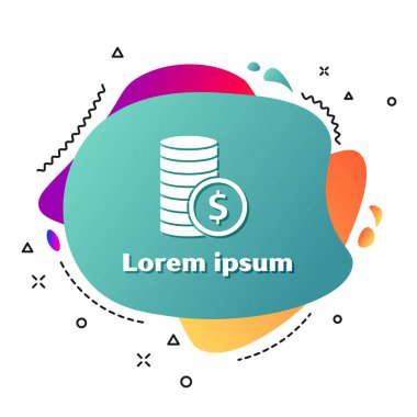 Beyaz arka planda dolar sembolü olan beyaz sikke parası. Bankacılık işareti. Para sembolü. Sıvı şekilli soyut pankart. Vektör.