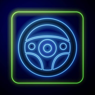 Parlayan neon direksiyon ikonu mavi arkaplanda izole edildi. Araba tekeri ikonu. Vektör.
