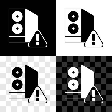 Siyah beyaz, şeffaf arkaplanda ünlem işareti simgesine sahip bilgisayar durumunu ayarla. Bilgisayar sunucusu. İş istasyonu. Vektör