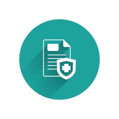 Klinik kayıt simgesine sahip, uzun gölgeli beyaz tıbbi pano. Reçete, tıbbi kontrol işaretleri raporu. Yeşil daire düğmesi. Vektör