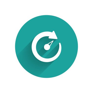 Beyaz dijital hız göstergesi simgesi uzun gölge arkaplanı ile izole edildi. Küresel ağ yüksek hızlı bağlantı veri oranı teknolojisi. Yeşil daire düğmesi. Vektör