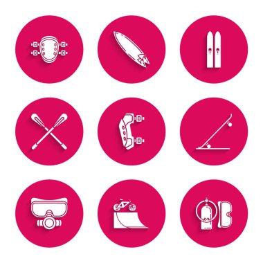 Diz vatkalarını sokak rampası dalış maskesine ve aqualung kaykay çapraz raket kayak sopalarına ve ikona ayarla. Vektör.