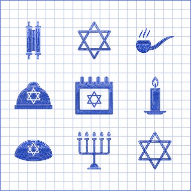 Yahudi takvimini David 'in yıldızı, Hanuka menorası, Star David, mum yakma, kippah, tüttürme piposu dumanı ve Tevrat tomar ikonu ile ayarla. Vektör